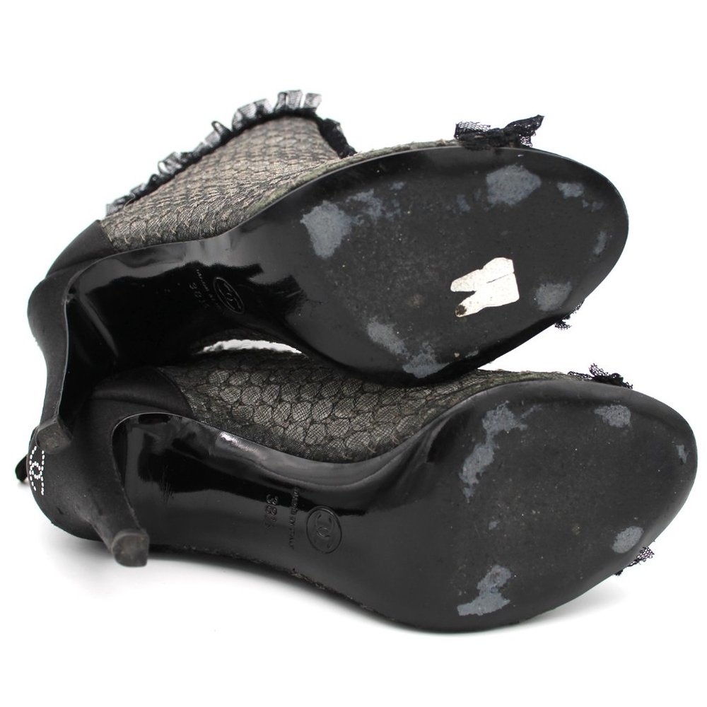 CHANEL Black Sheer Lace Peep Toe Ruffle Lace Trim Heeled Ankle Bootie Shoe 38.5 - Picture 6 of 10